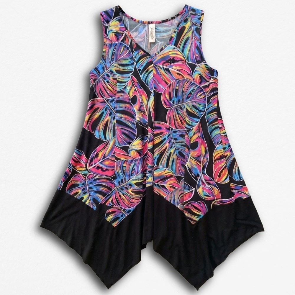 Shoreline Womens Tropical Monstera Leaf Sharkbite Hem Tunic Tank Top S/M Multi